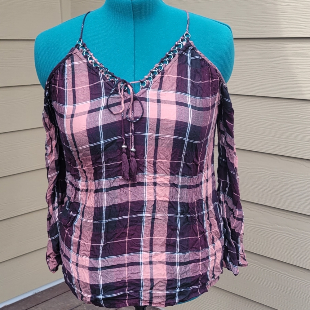 Jessica Simpson Plaid Cold Shoulder Top